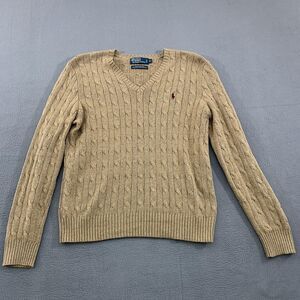 Polo Ralph Lauren Sweater Mens Medium Tan 100% Tussah Silk Cable Knit Pullover